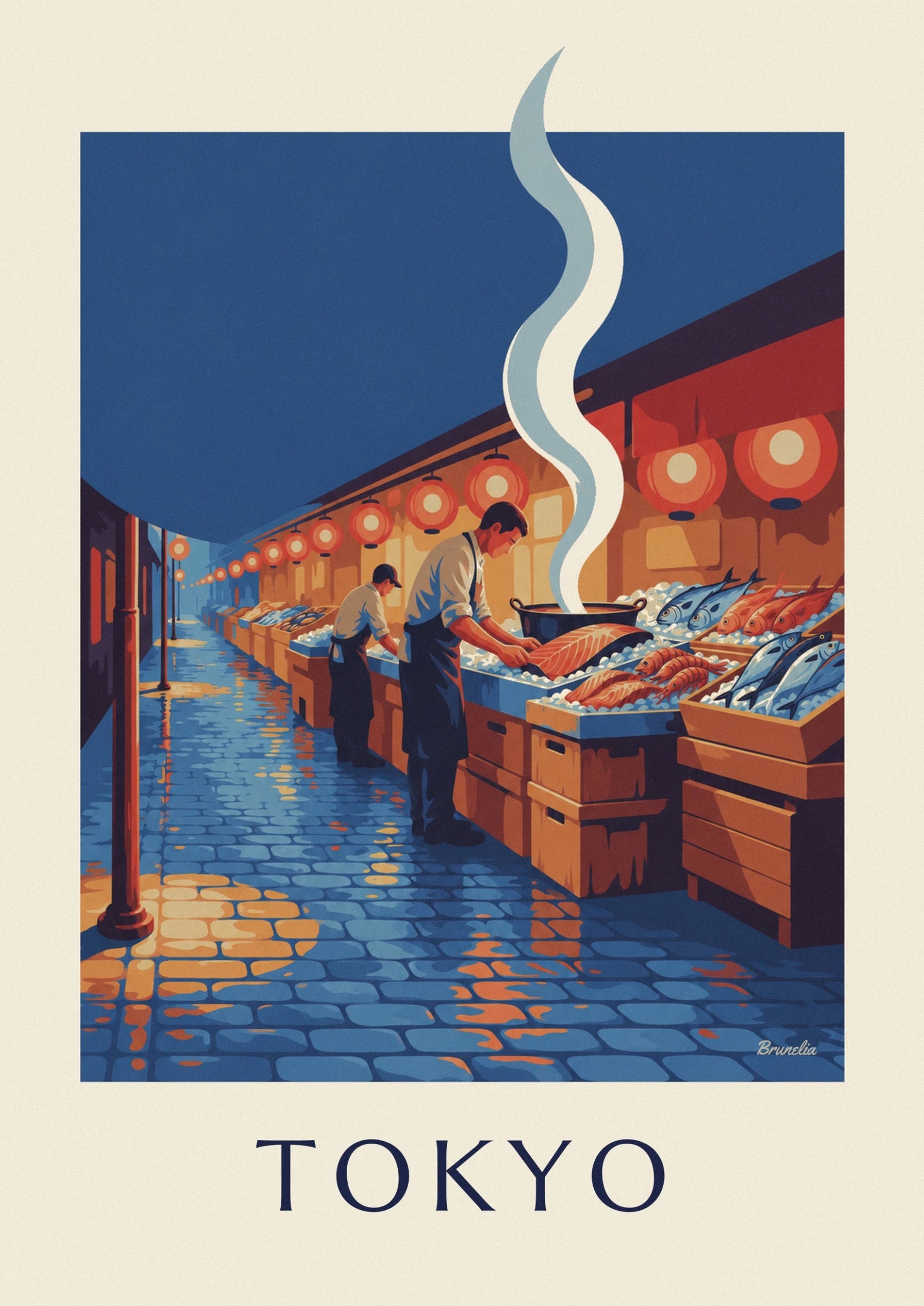 Les poissonniers en tablier bleu devant les filets de saumon et les lanternes rouges