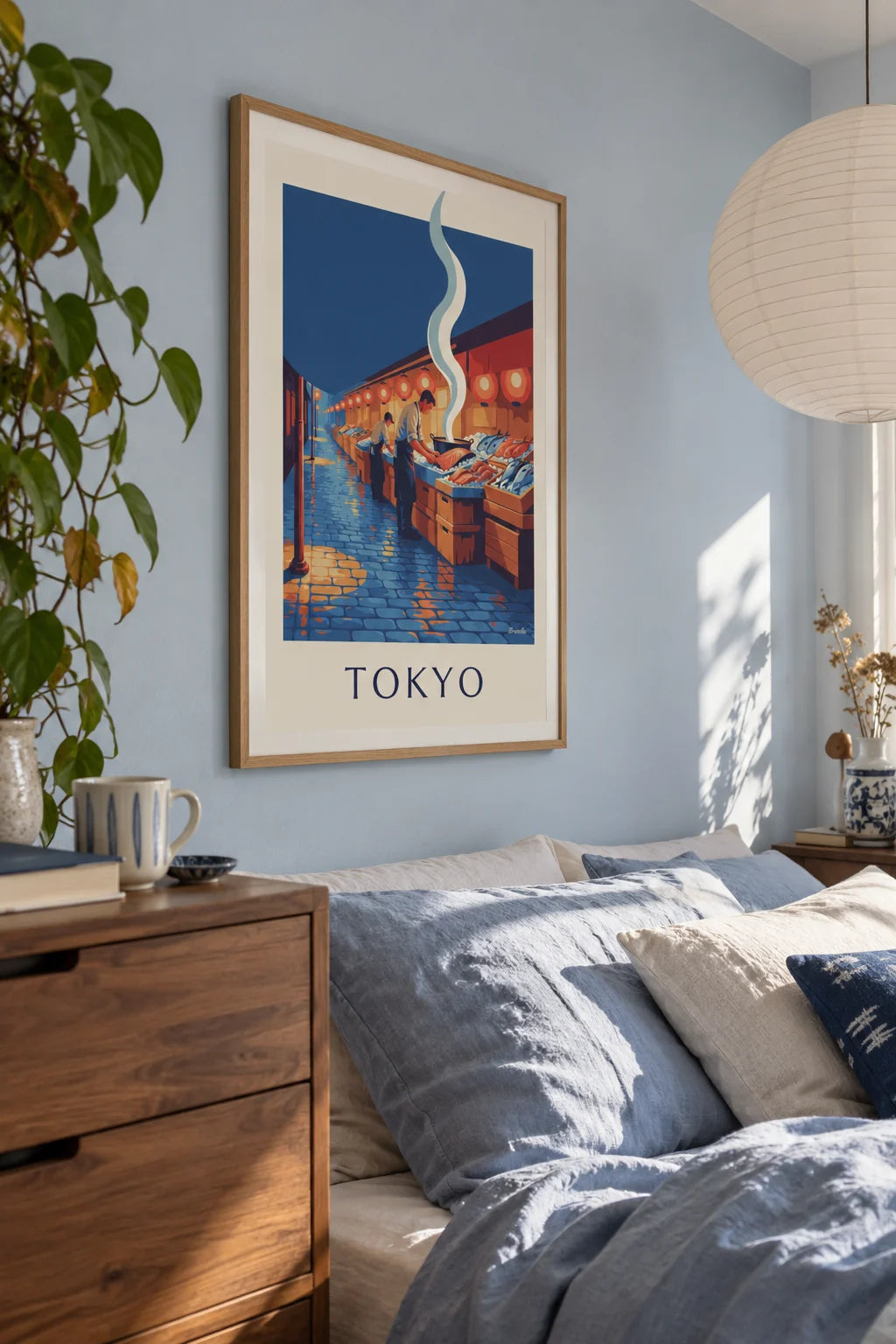 Kitchen: Tokyo fish market under lanterns poster on the wall
