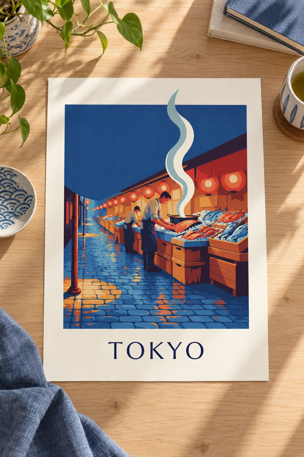 Kitchen: Tokyo fish market under lanterns poster on the wall