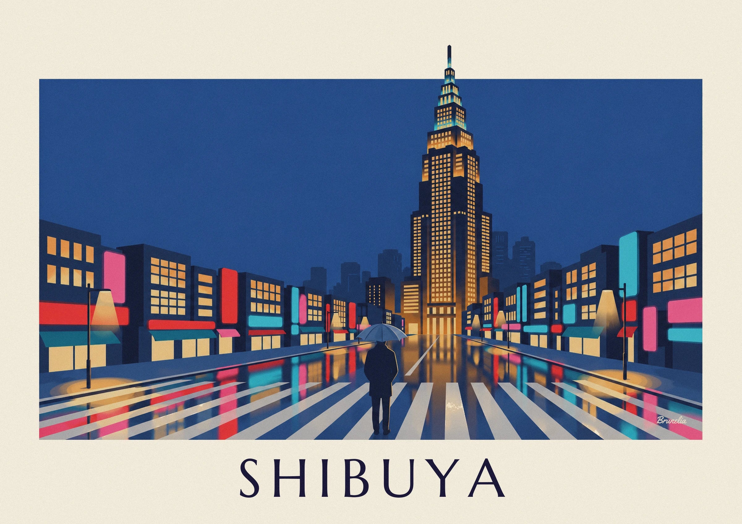 The pedestrian with an umbrella on the crossing, facing the tall tower lit in yellow