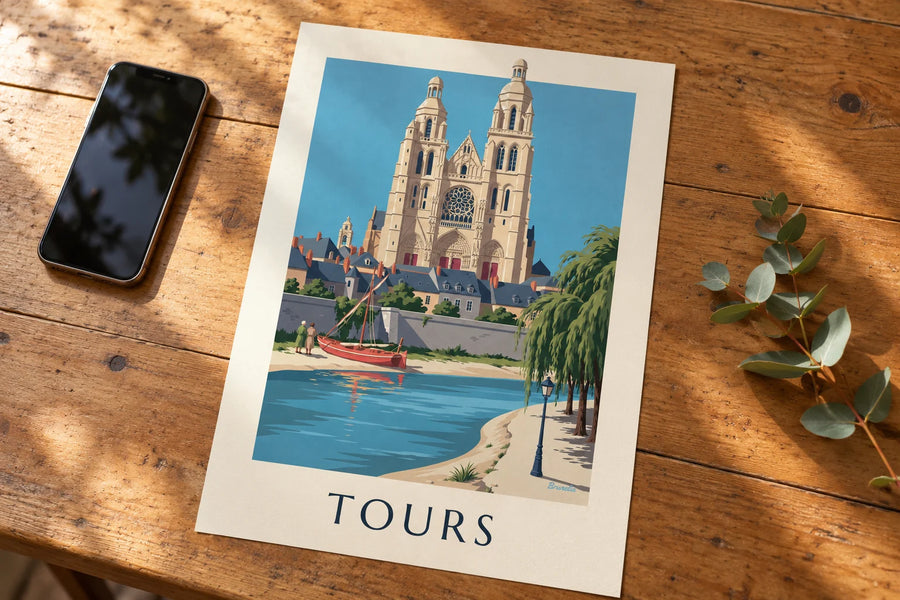 Affiche cathédrale de Tours et bords de Loire : posée sur une table