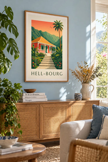 Creole house with gingerbread trim in Hell-Bourg, Réunion Island poster: framed on the wall