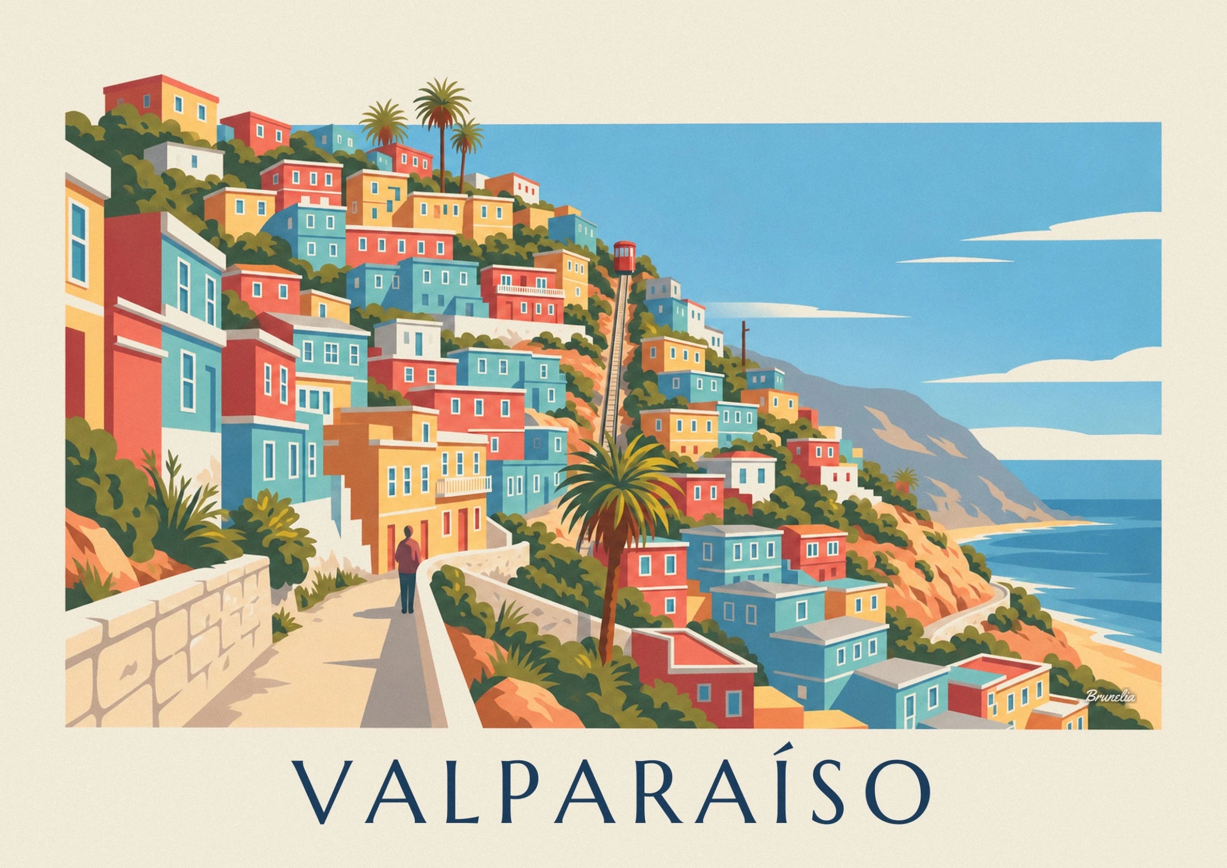 Punainen funikulaari jyrkillä kiskoillaan Valparaíson värikkäiden talojen keskellä