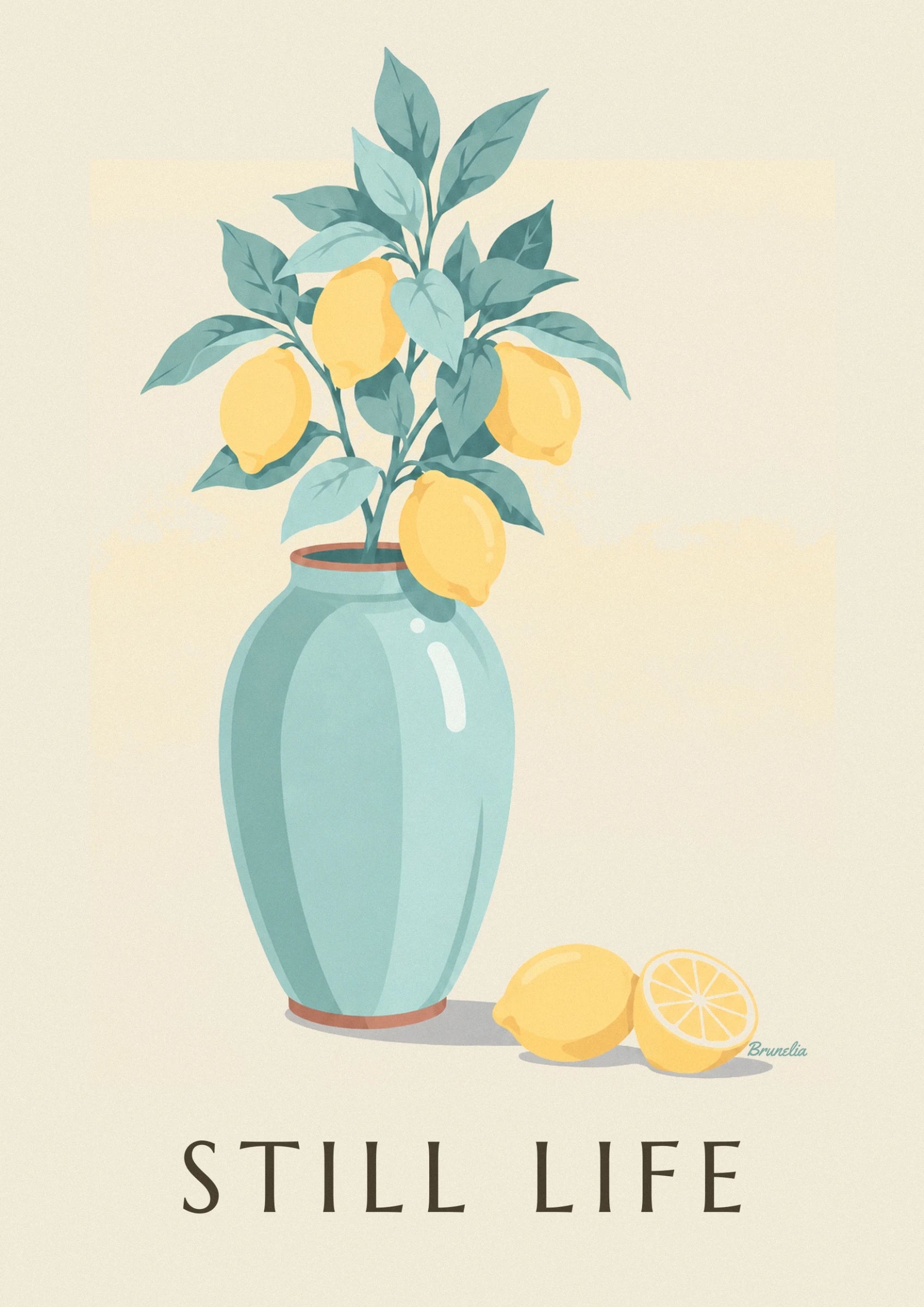 Une branche aux 4 citrons jaunes et au feuillage vert dans un vase en céramique