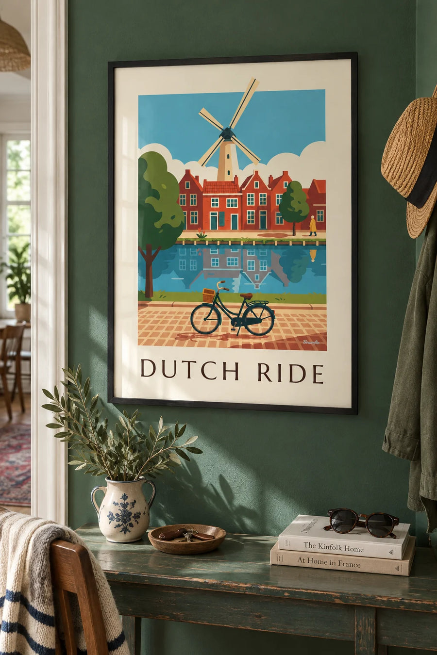 Affiche vélo hollandais et maisons aux toits rouges : encadrée au mur
