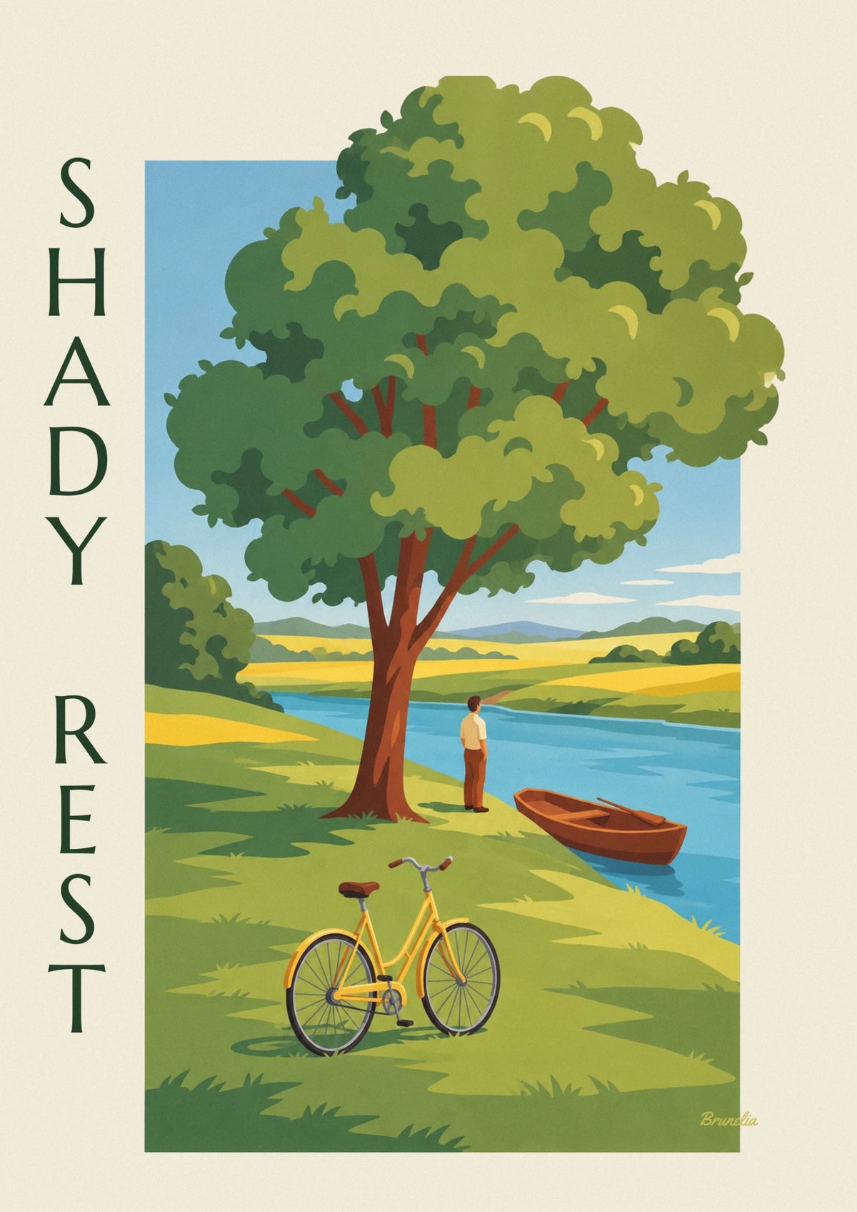 Bicycle in a riverside tree’s shade poster