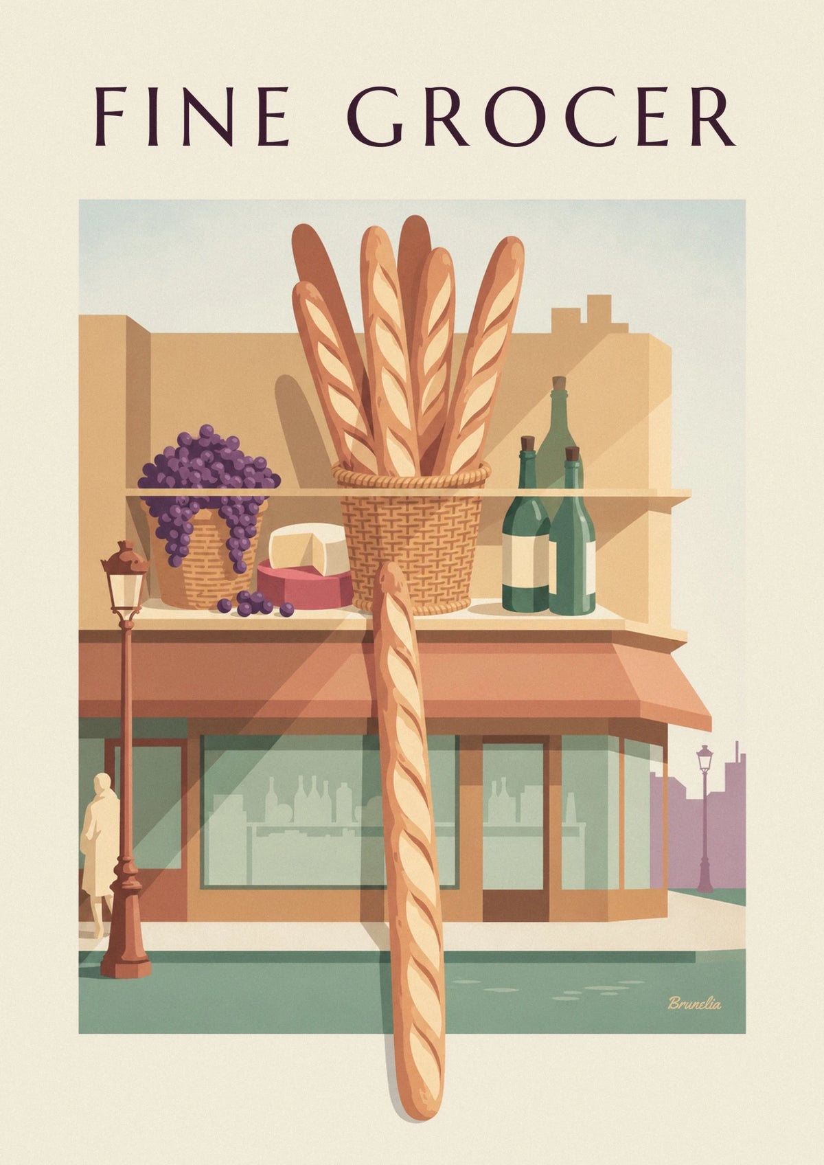 Fine grocery grapes, baguettes, cheese and wine poster