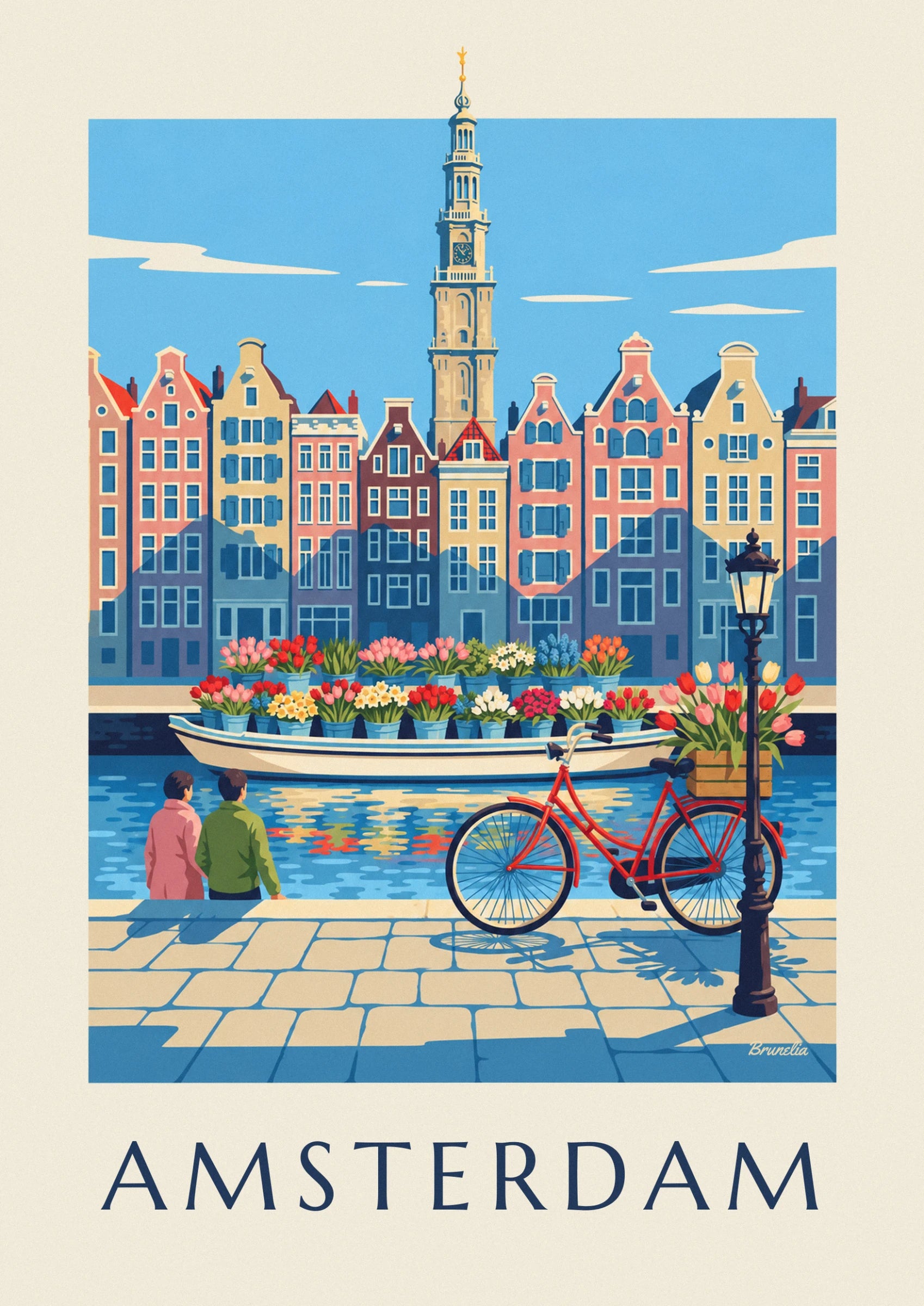 The red bicycle leaning against the street lamp, with its basket of tulips beside the canal