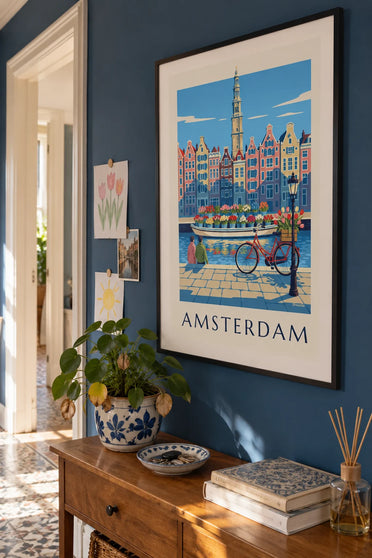 Affiche vélo et tulipes au marché aux fleurs d'Amsterdam : encadrée au mur