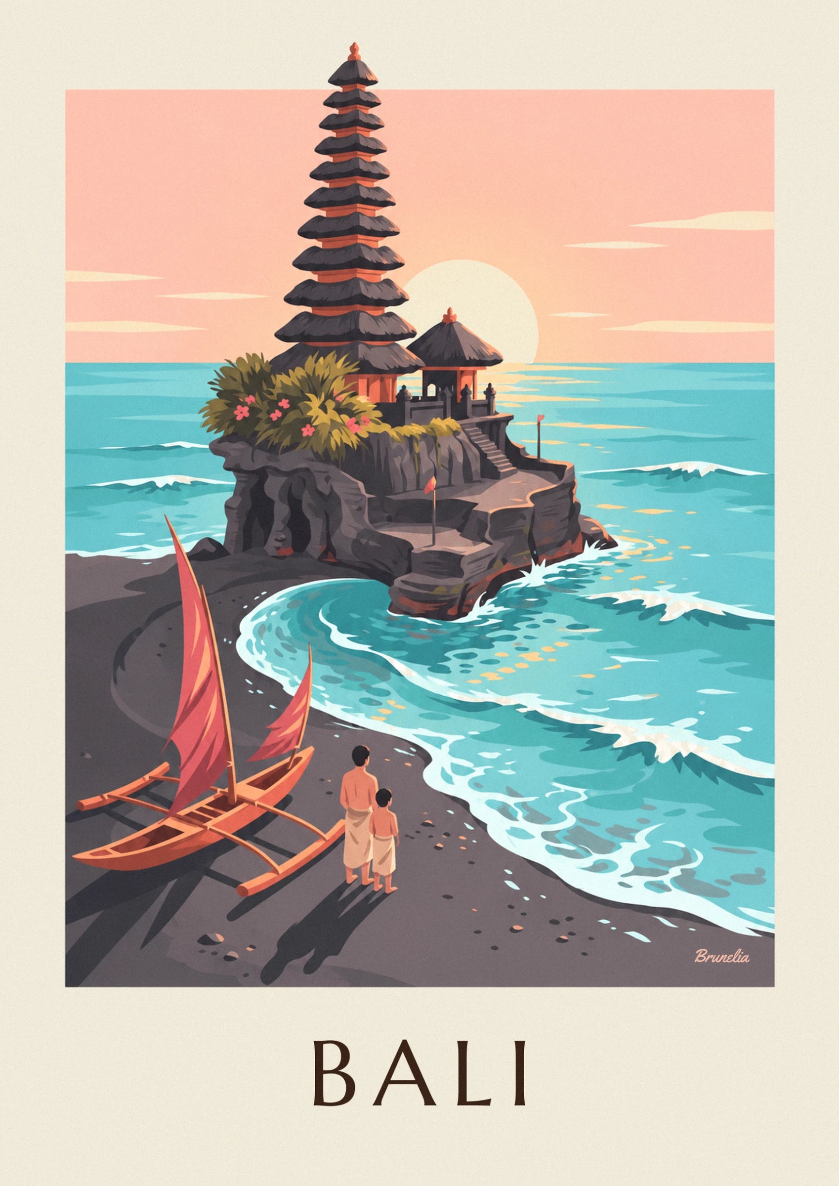 Le meru à 9 toits de chaume, ses fleurs roses et le soleil couchant sur la mer