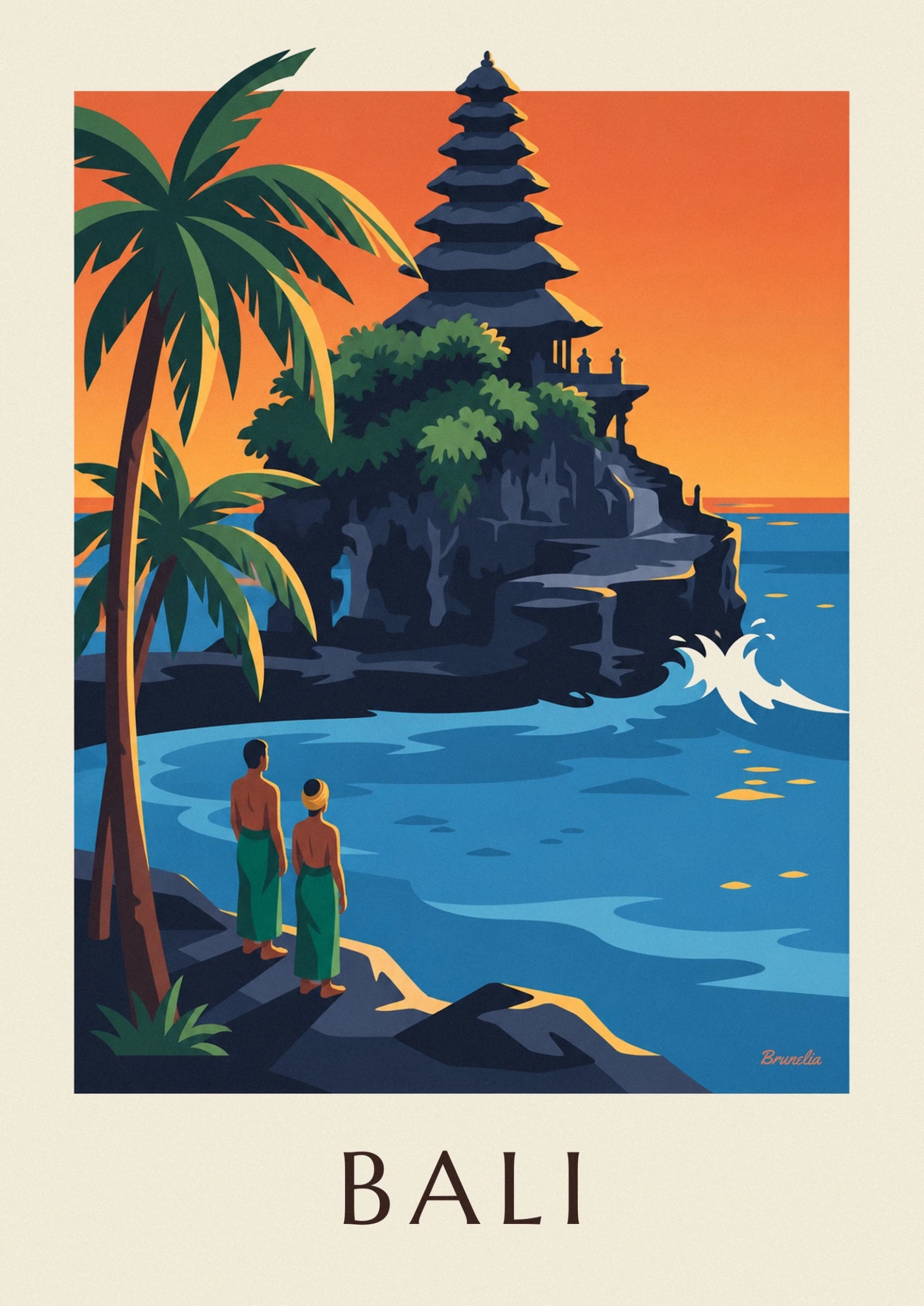 Le temple de Tanah Lot aux toits étagés, entre feuillage vert et ciel orange