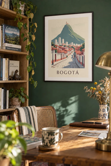 Bogotá, La Candelaria and Monserrate mountain in Colombia poster: framed on the wall