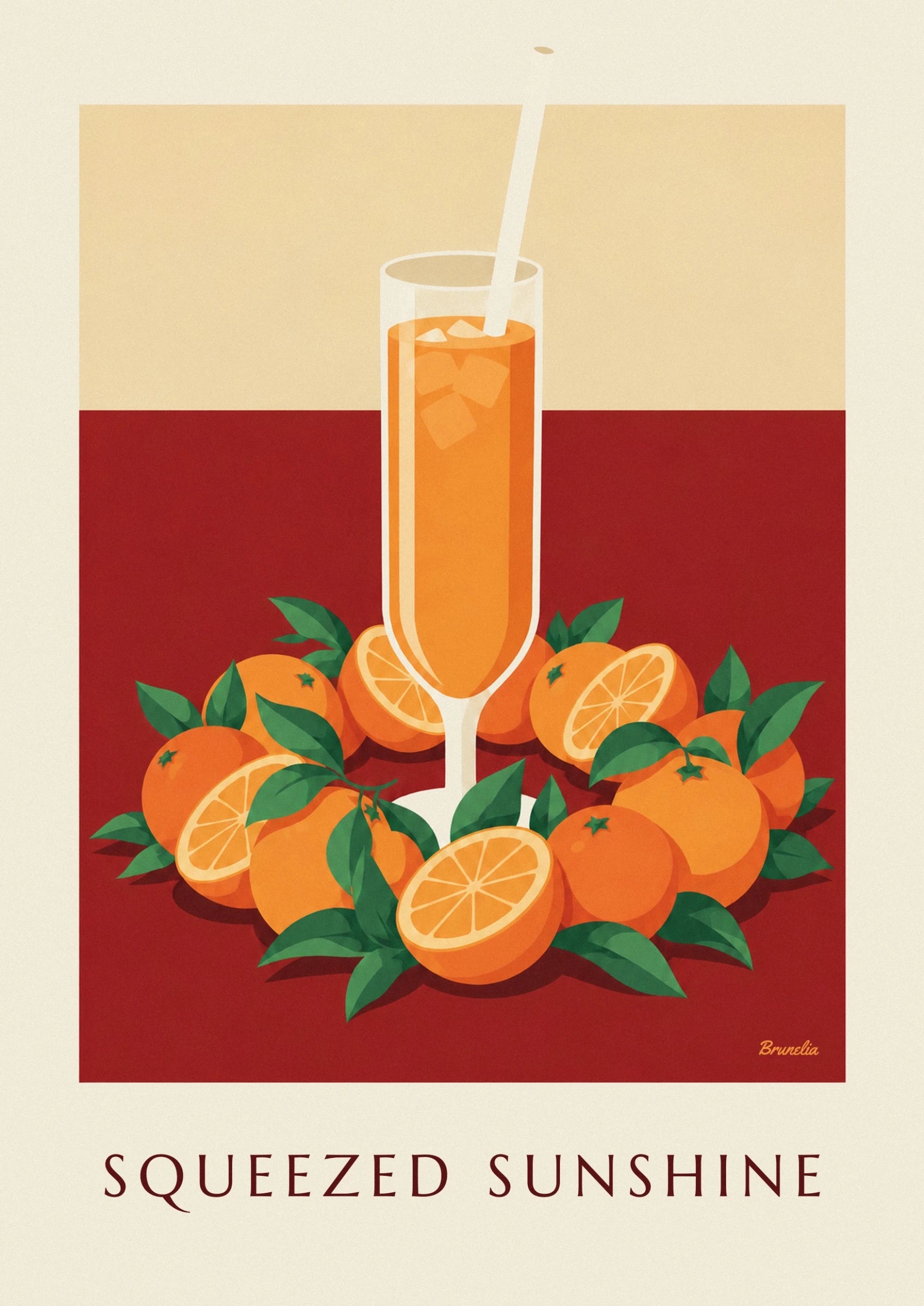 Un grand verre de jus d’orange avec des glaçons, entouré d’oranges et de feuilles vertes