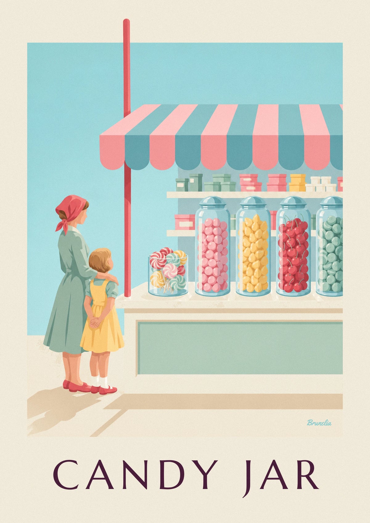 Affiche sucettes et bocaux de bonbons dans une confiserie