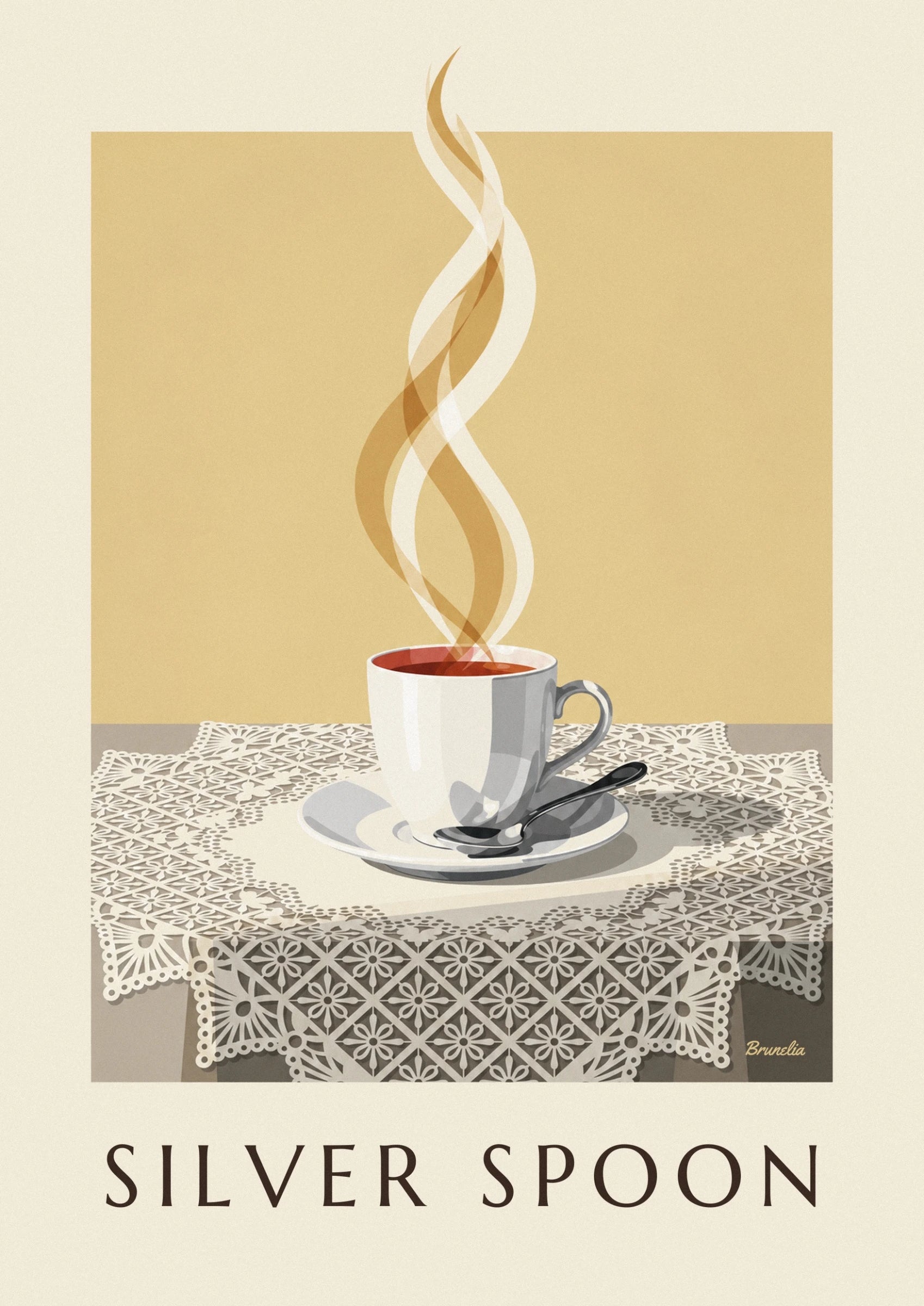 The white cup of steaming coffee and its silver spoon on the saucer