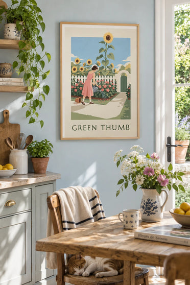 Poster of a pin-up gardening with a watering can among flowers: framed on the wall