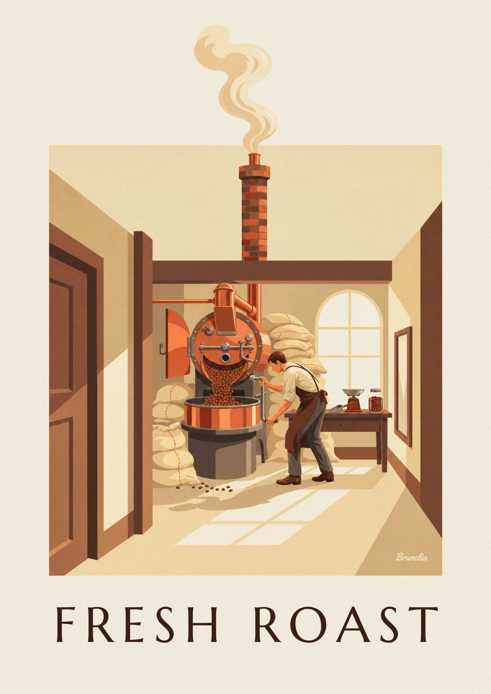 The coffee roaster in a brown apron turning the crank, beside the scales and sacks