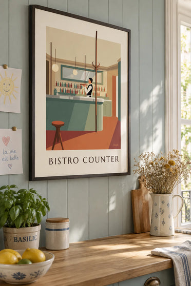 Affiche comptoir de bistrot en zinc et garçon de café : encadrée au mur