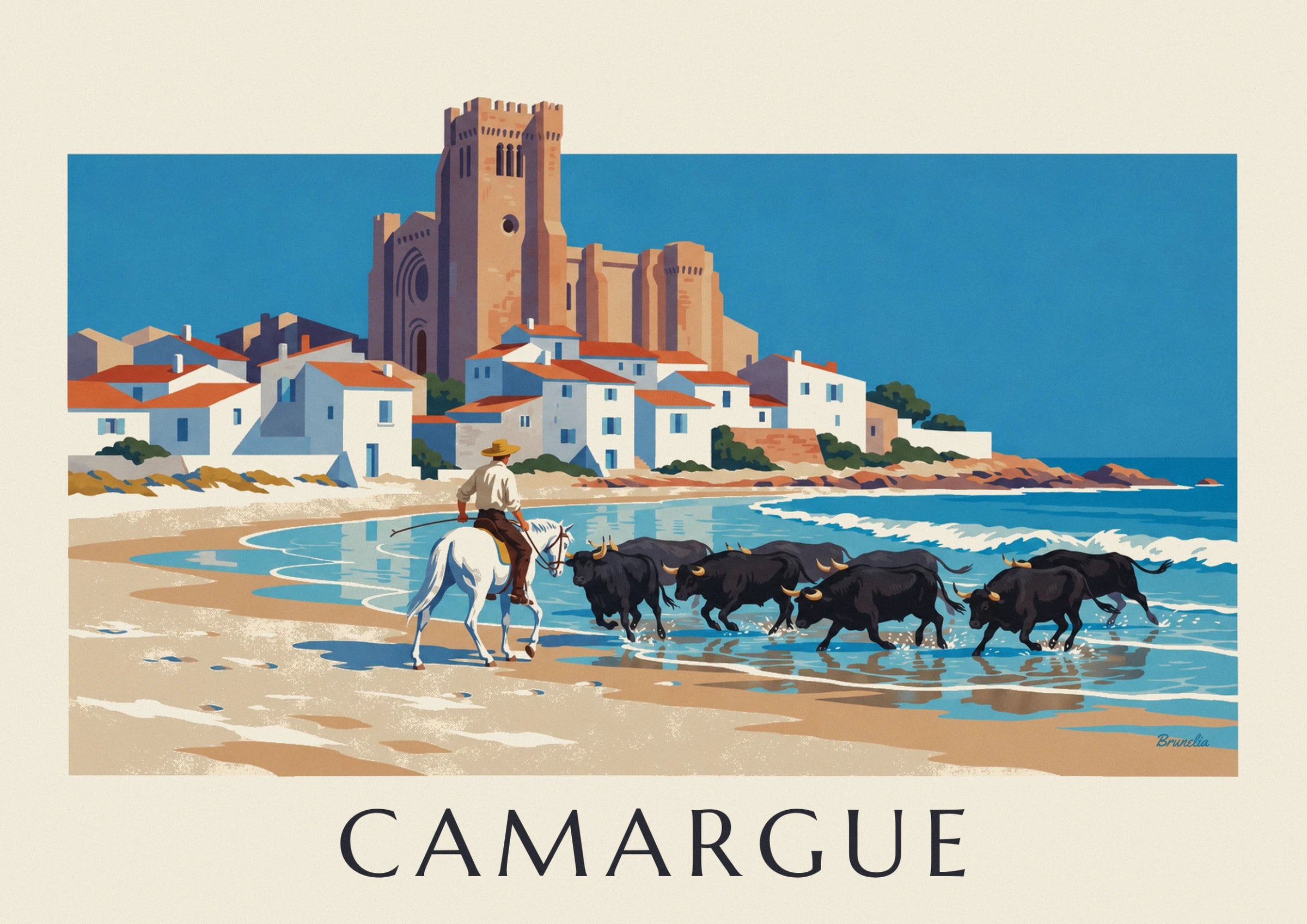 The herdsman in a light shirt and straw hat on his white horse, facing the bulls in the waves
