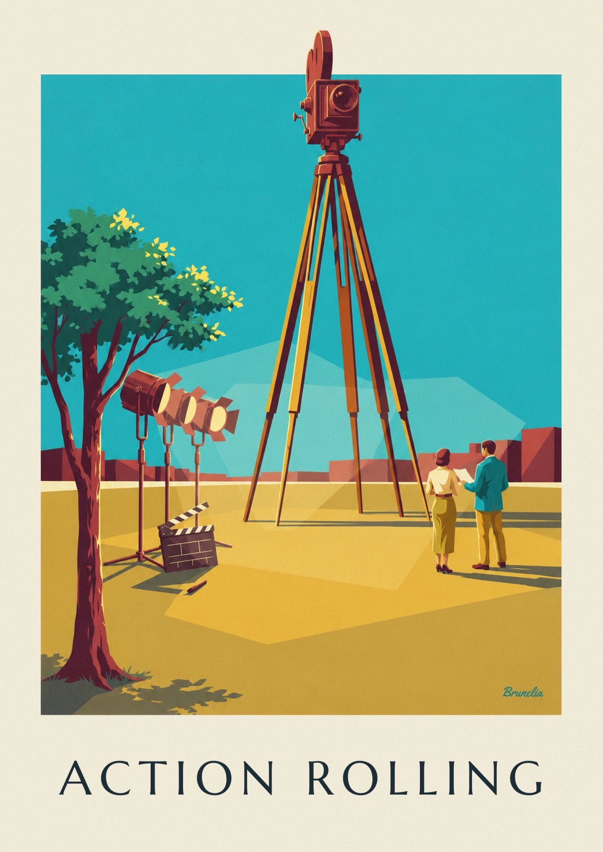 Affiche caméra de cinéma sur trépied sur un plateau de tournage