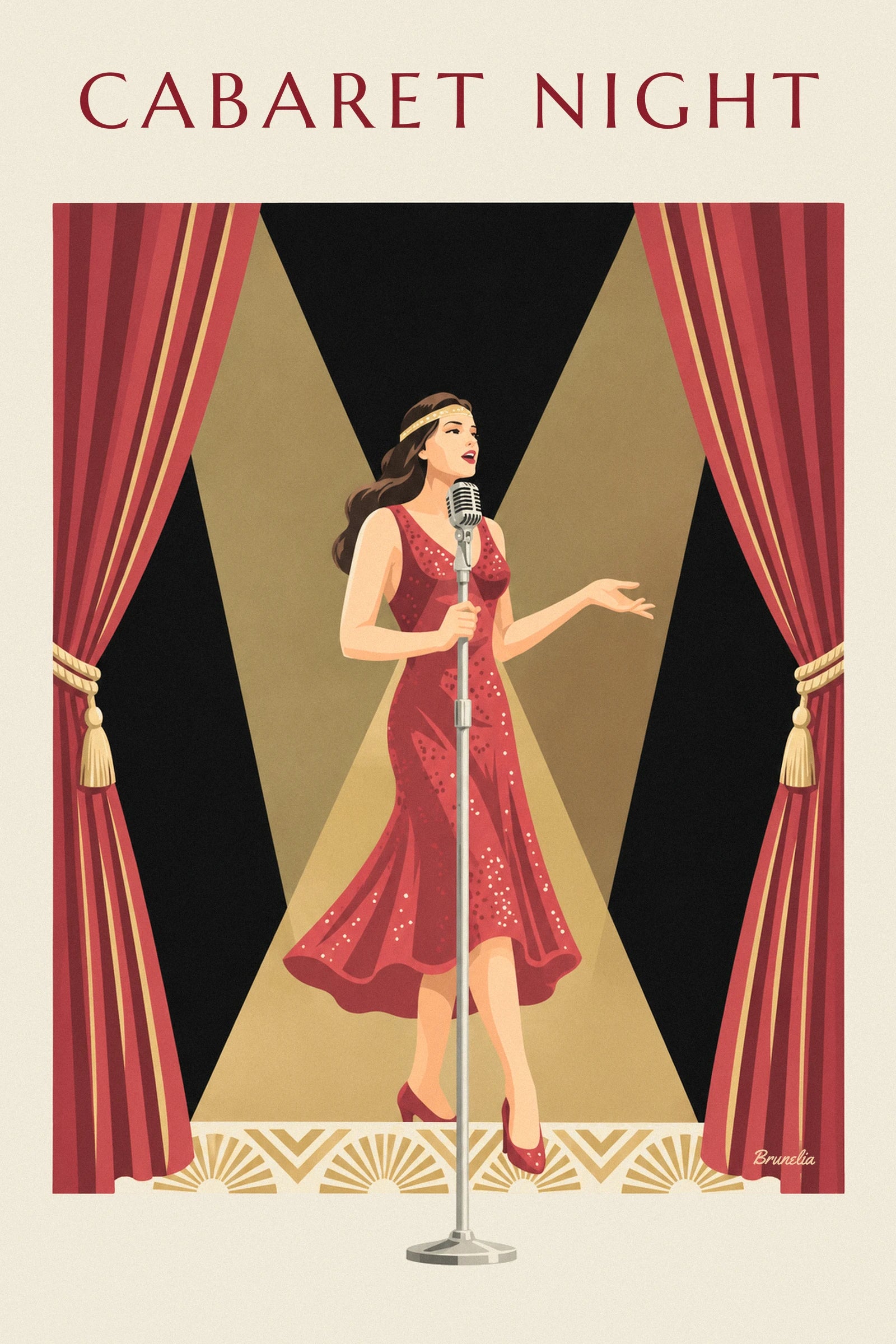 The singer with the gold headband sings beside her vintage microphone under the spotlights