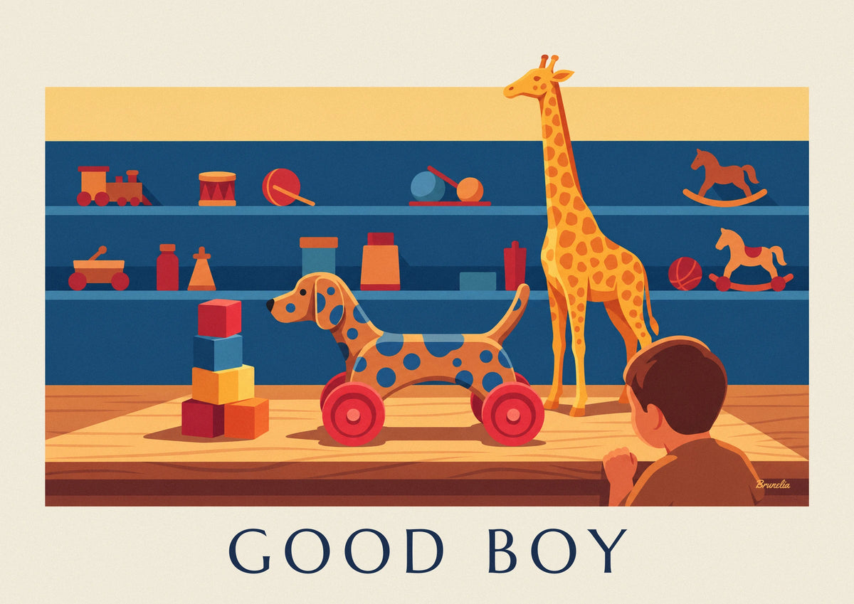 Wooden dog on wheels in a toy shop poster