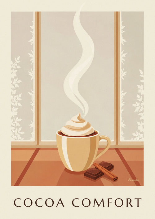 Poster of a steaming cup of hot chocolate by a frosted window: the full poster