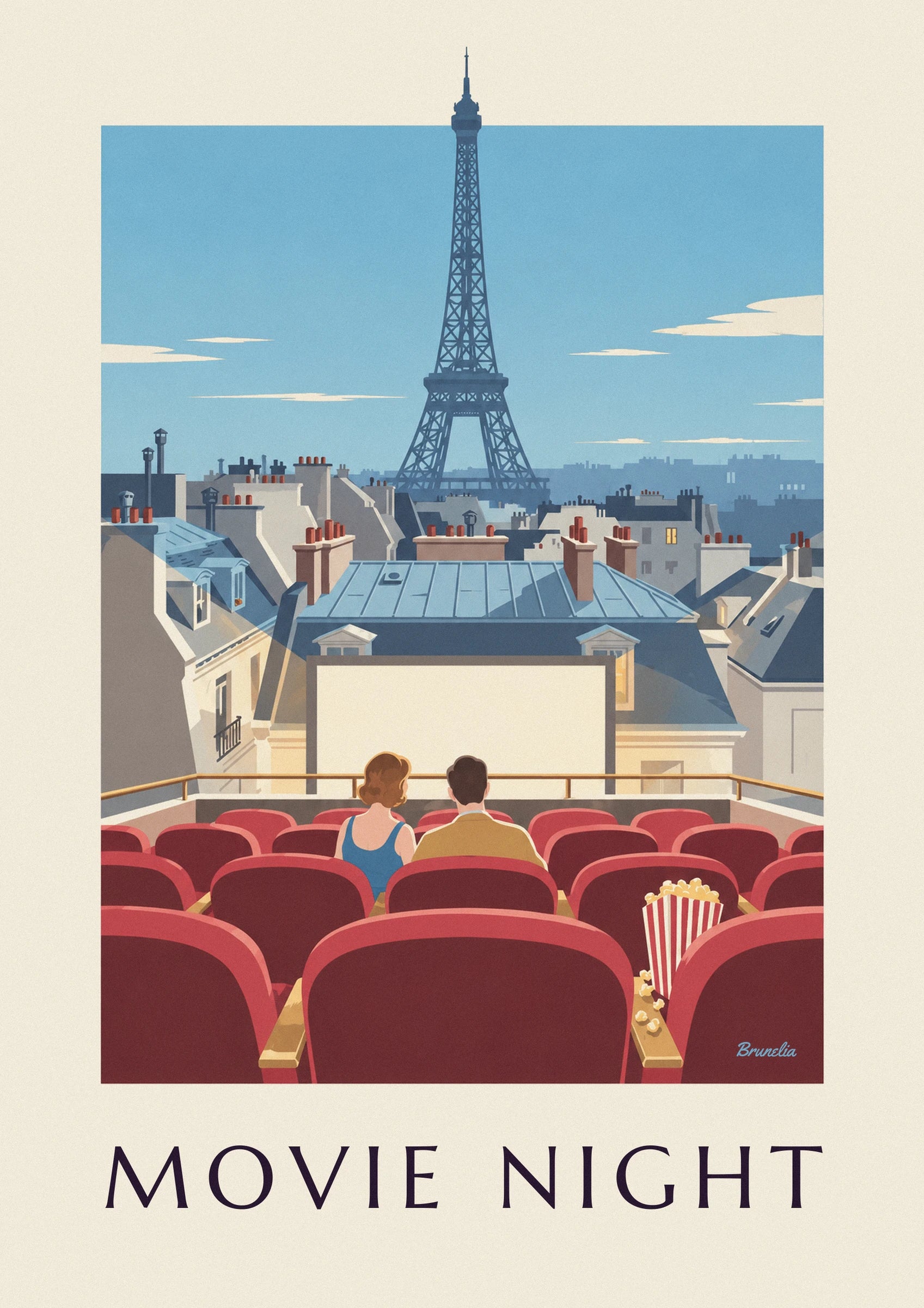 The couple seen from behind facing the white screen among the red rooftop seats