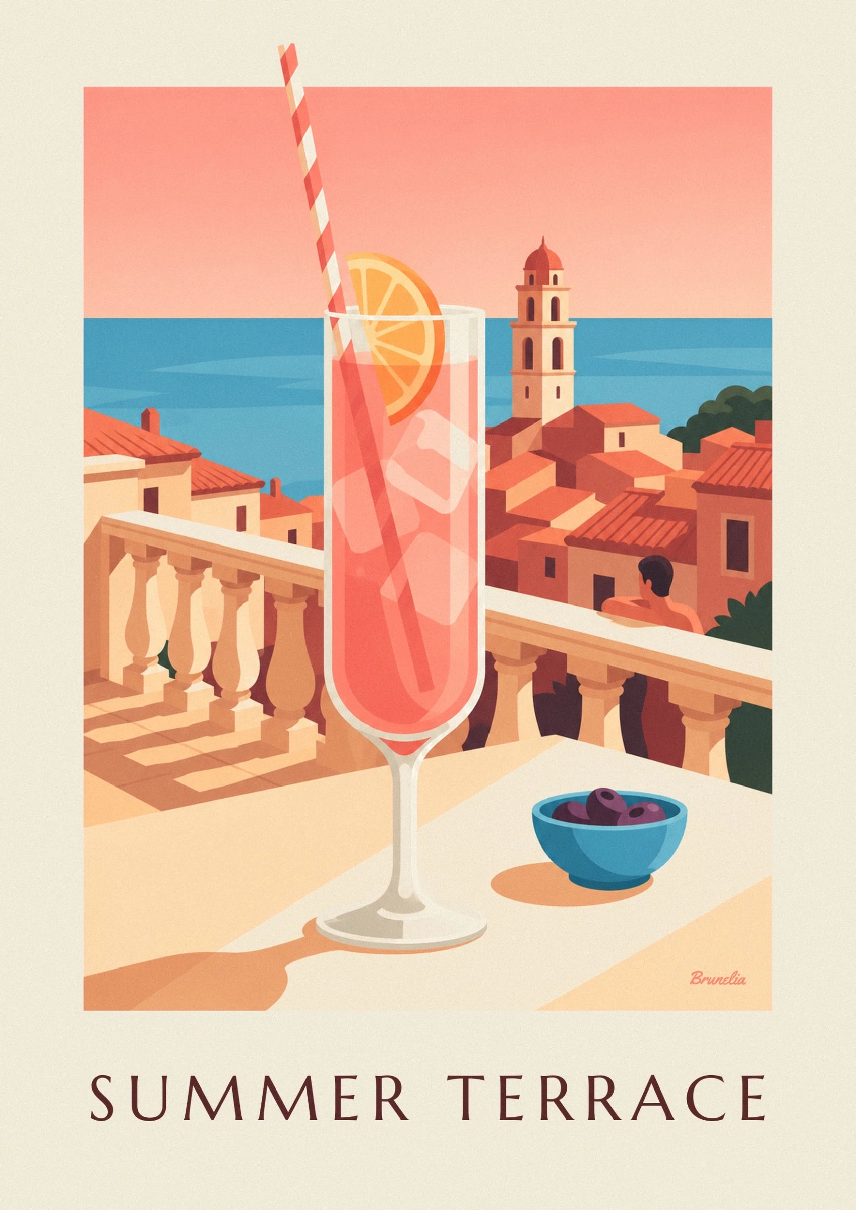 Un cocktail rosé avec glaçons, paille rayée et tranche d’orange face à la mer