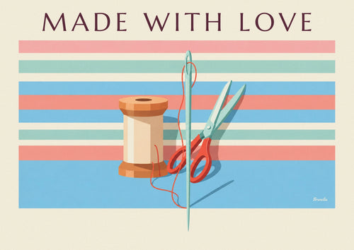 Handmade sewing poster with a spool of thread, scissors and a needle: the full poster