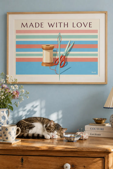 Handmade sewing poster with a spool of thread, scissors and a needle: framed on the wall