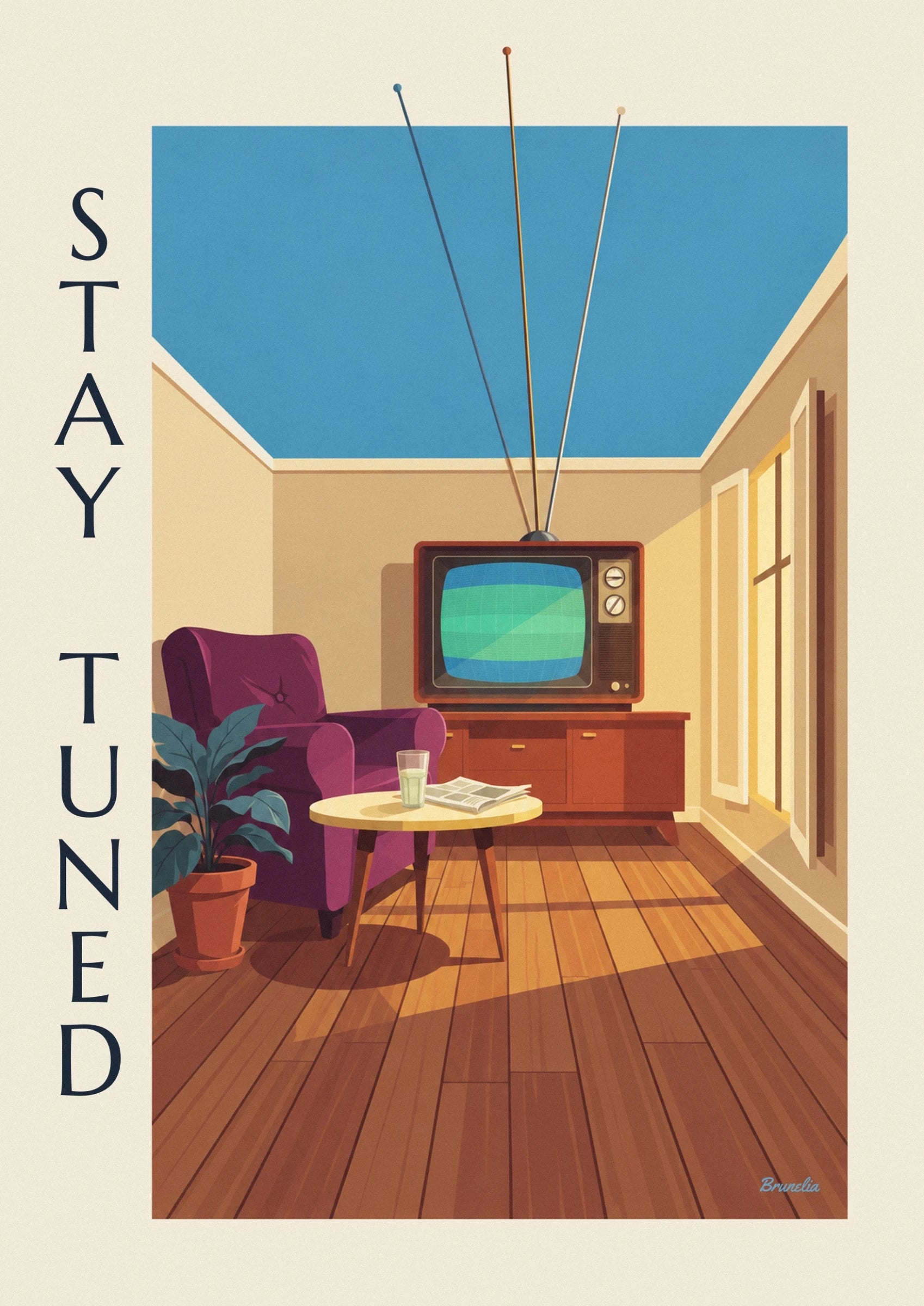 The CRT television with aerials and a blue and green grid on its screen