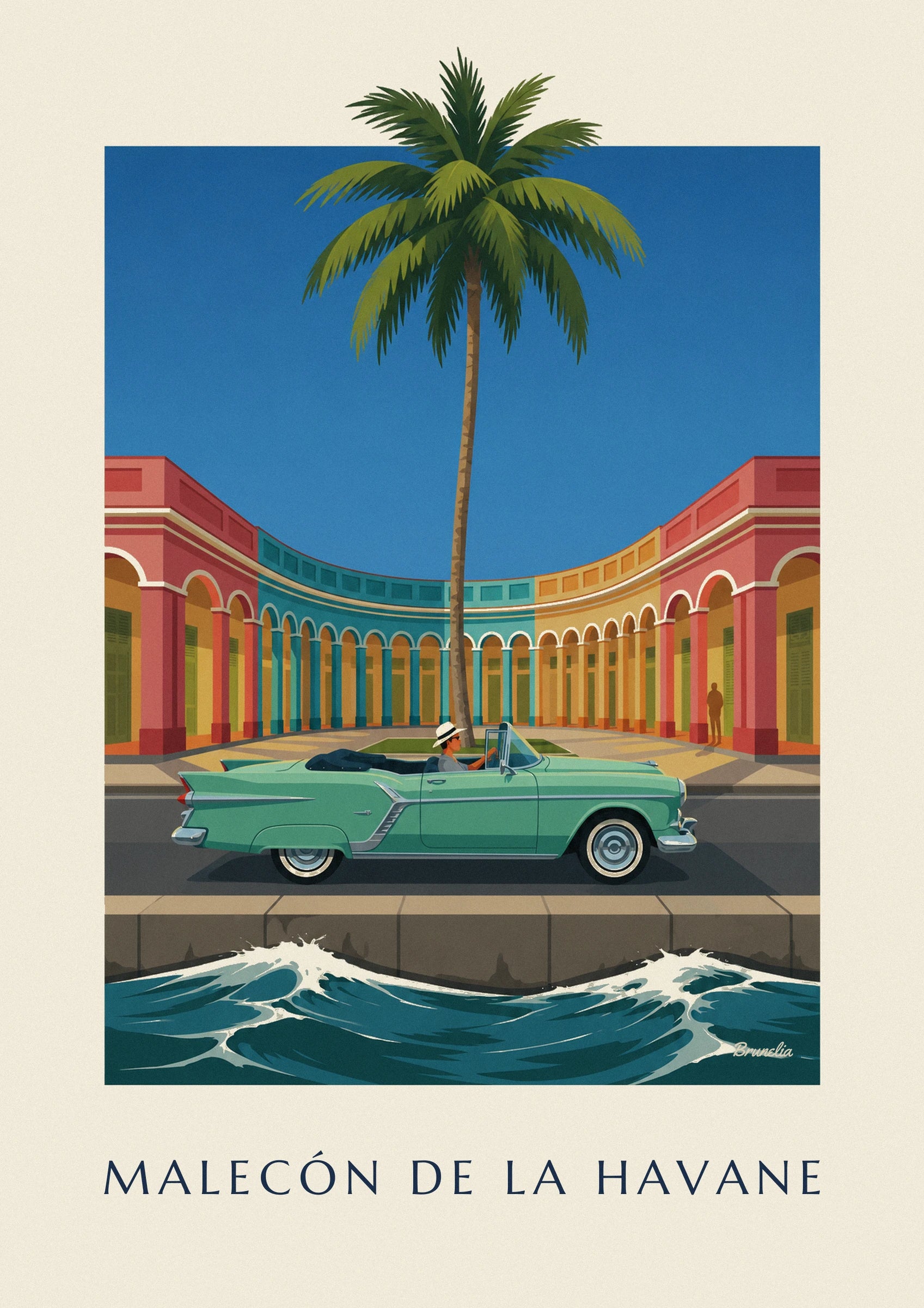 Mint green convertible on Havana’s Malecón poster: close-up detail