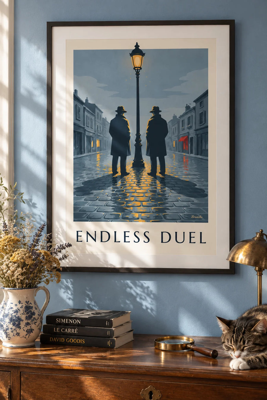 Affiche duel de film noir sous un réverbère, nuit de pluie : encadrée au mur