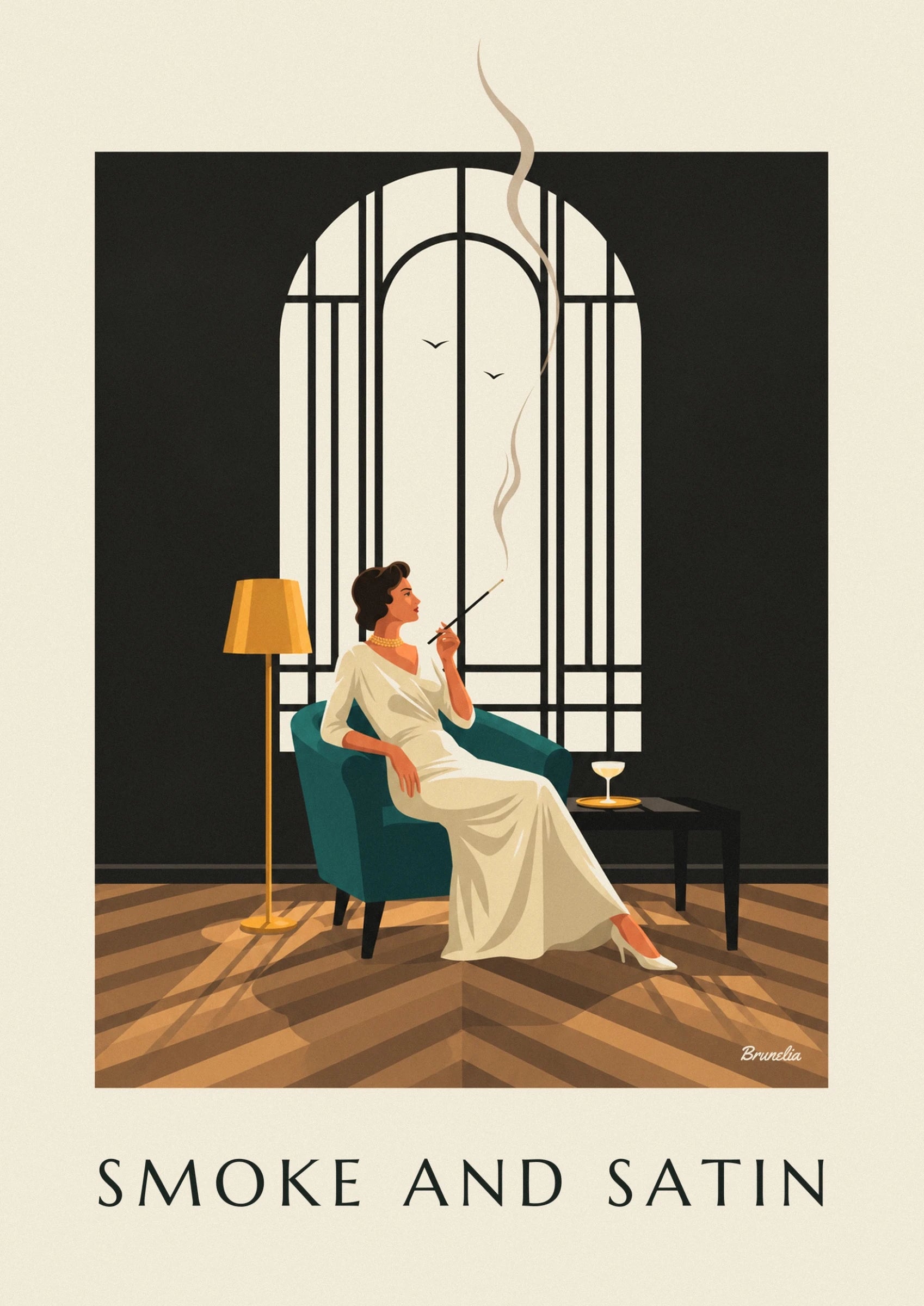 Une femme en robe ivoire, long fume-cigarette en main, dans un fauteuil bleu canard