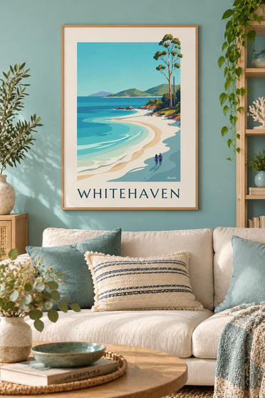 Juliste Whitehaven-rannasta Whitsundayn saarilla Australiassa: kehystettynä seinällä