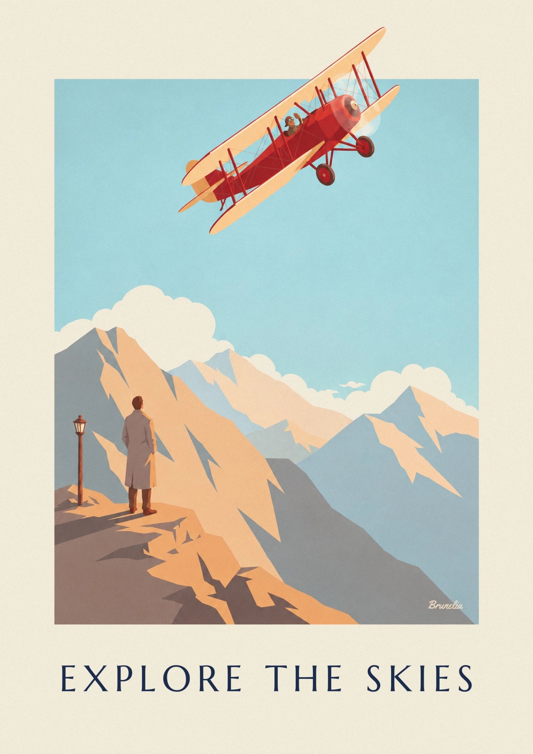 Le biplan rouge et ses ailes crème, avec son pilote dans le ciel bleu
