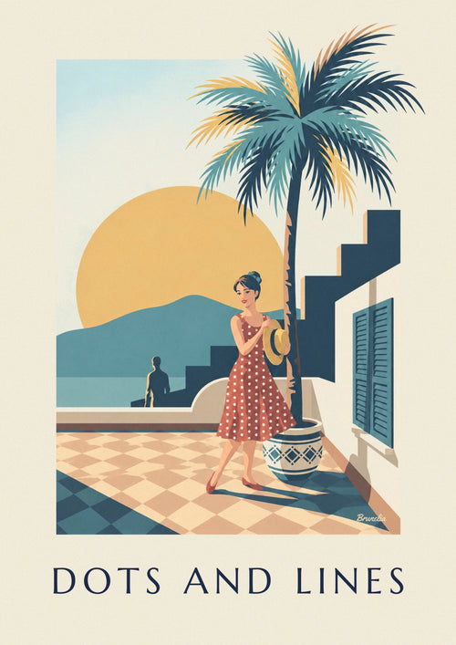 Poster of a woman in a polka dot dress and geometric shapes: the full poster