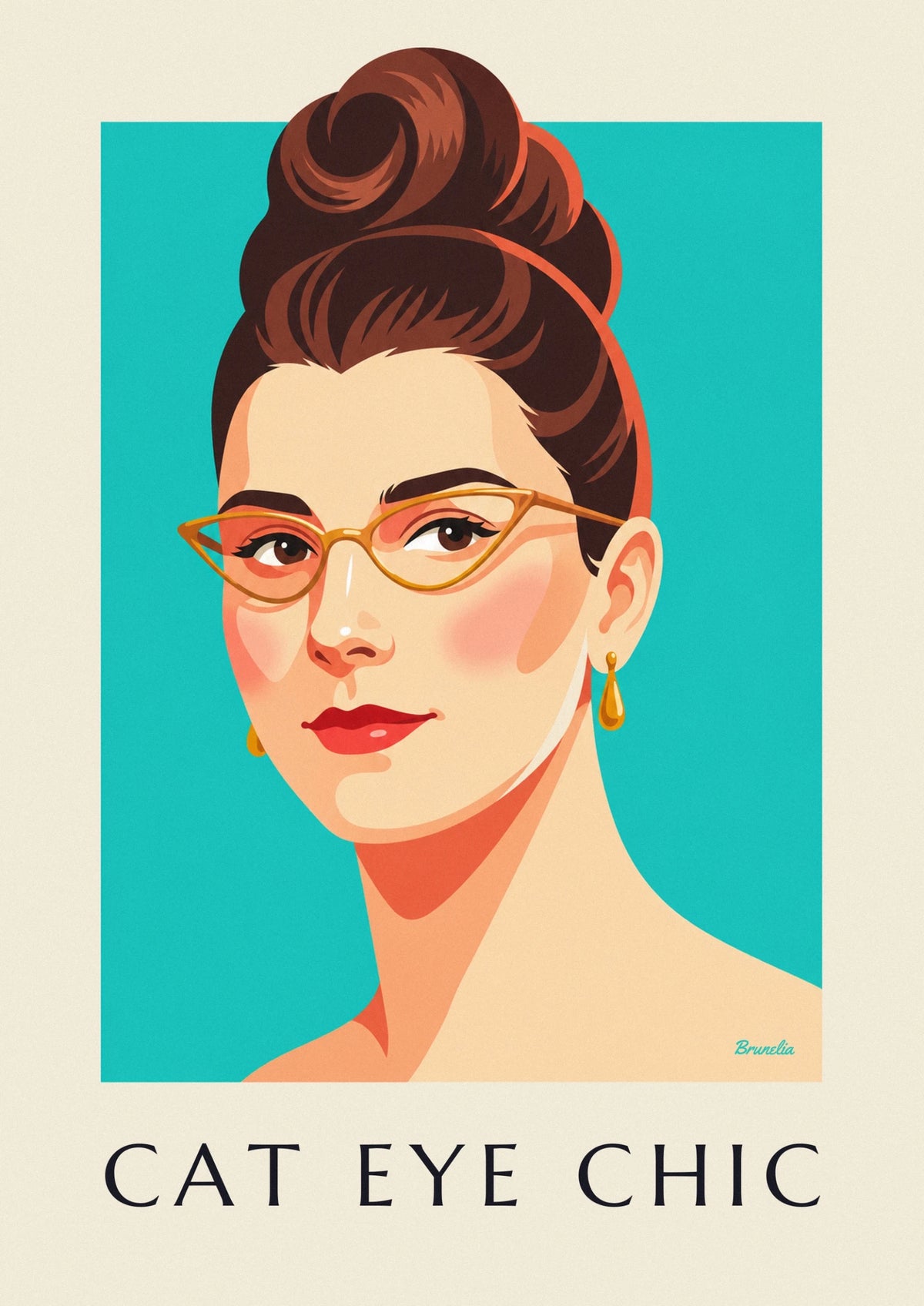 Cat-eye glasses and red lips woman portrait poster