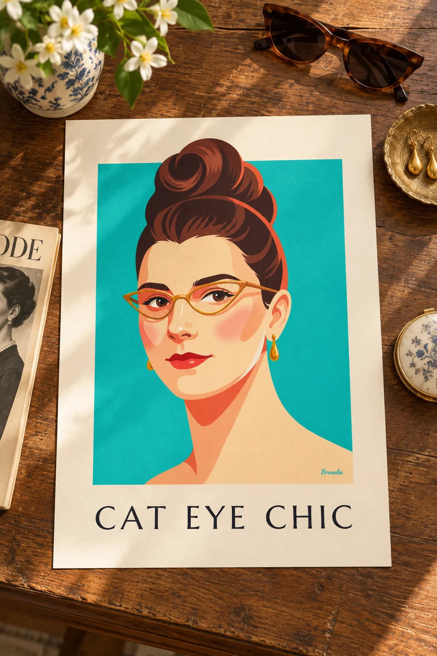 Poster of a woman’s portrait with cat-eye glasses and red lips: set on a table