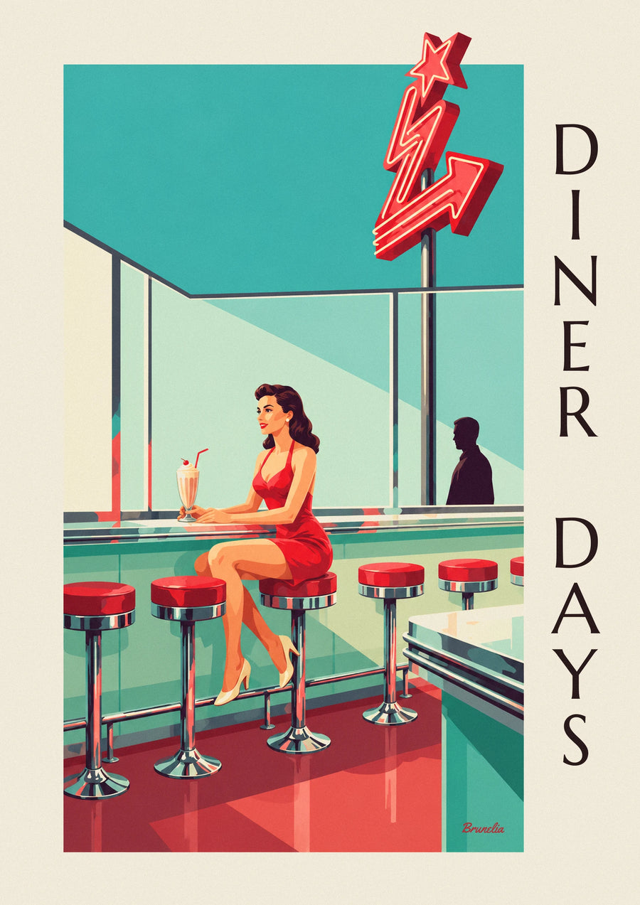 Pin-up-juliste amerikkalaisen dinerin tiskillä
