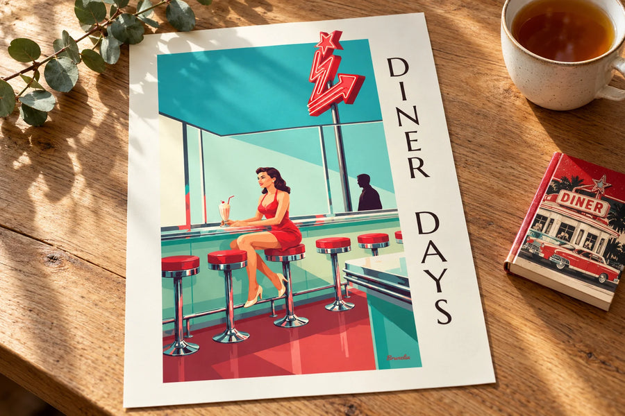 Juliste pin-up amerikkalaisen diner-ravintolan tiskillä: pöydällä