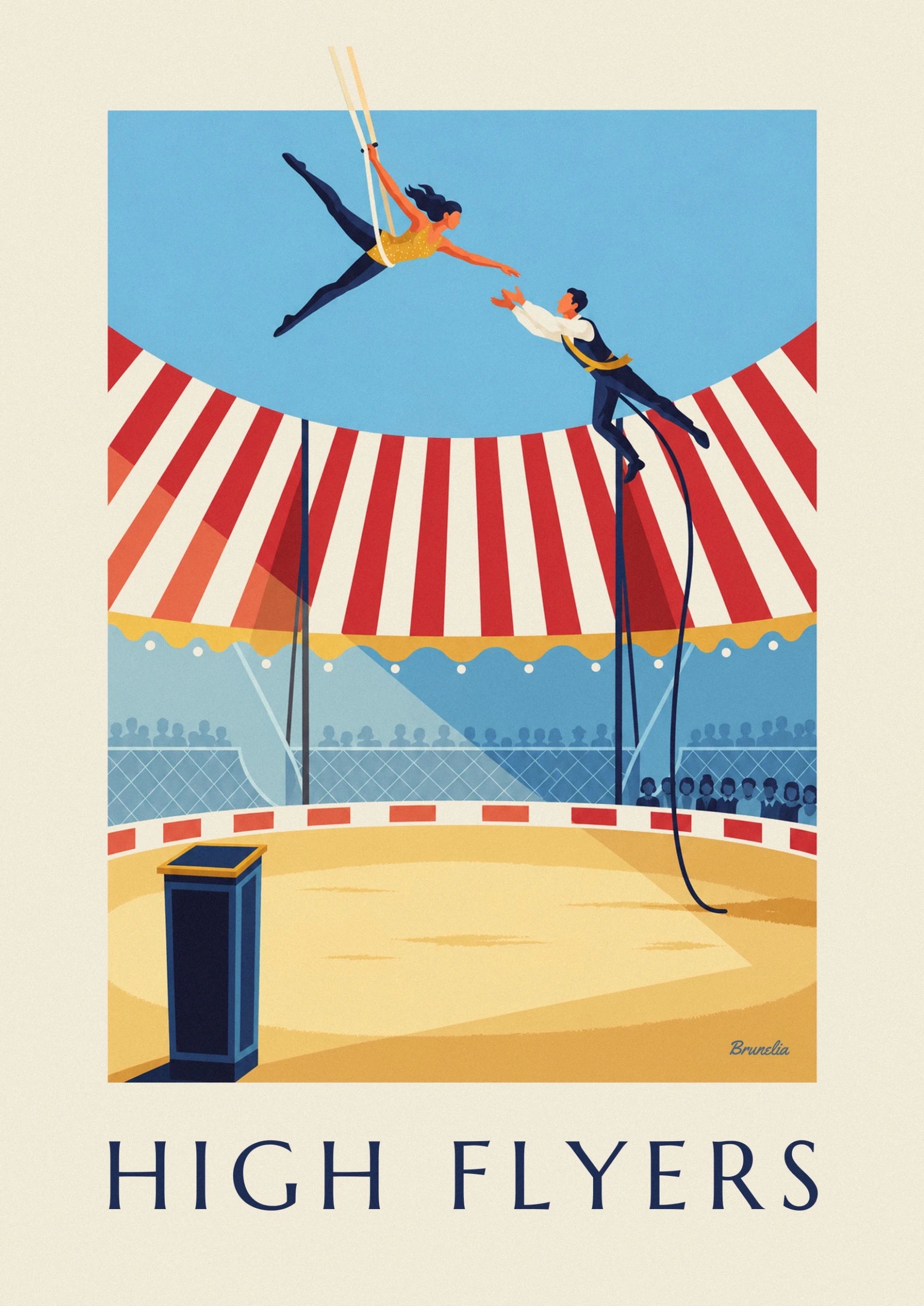 The trapeze artist in a yellow spotted top and blue trousers hanging from the ropes