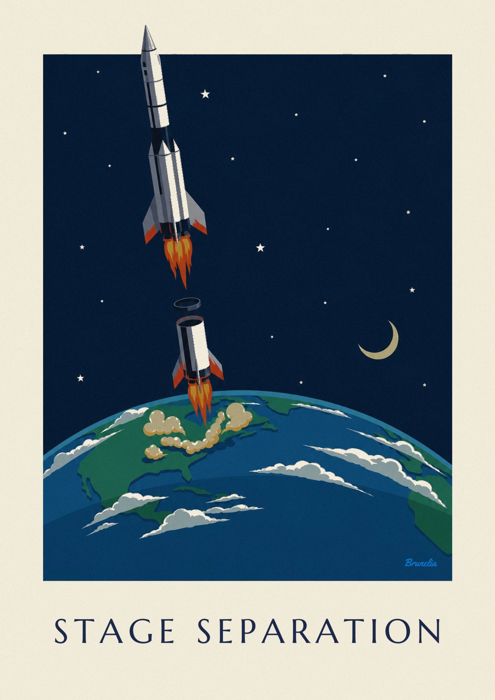 La fusée blanche aux ailerons gris et rouges, propulsée par de longues flammes orange