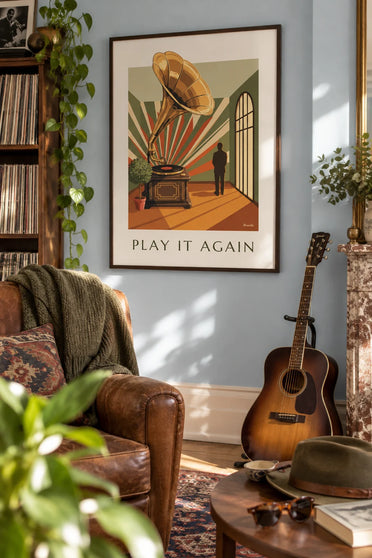 Affiche gramophone et motifs géométriques : encadrée au mur