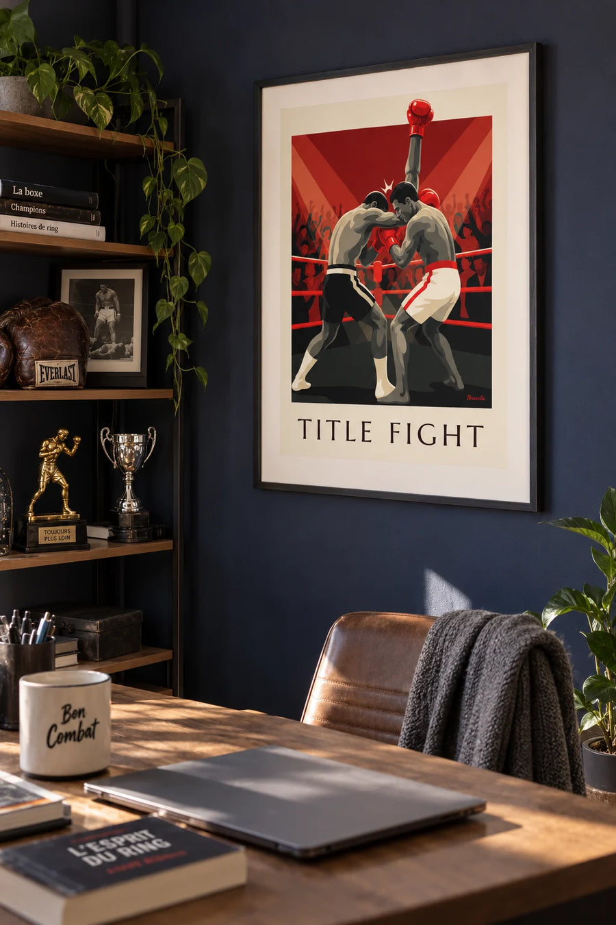 Championship boxing match in the ring in red and black poster: framed on the wall