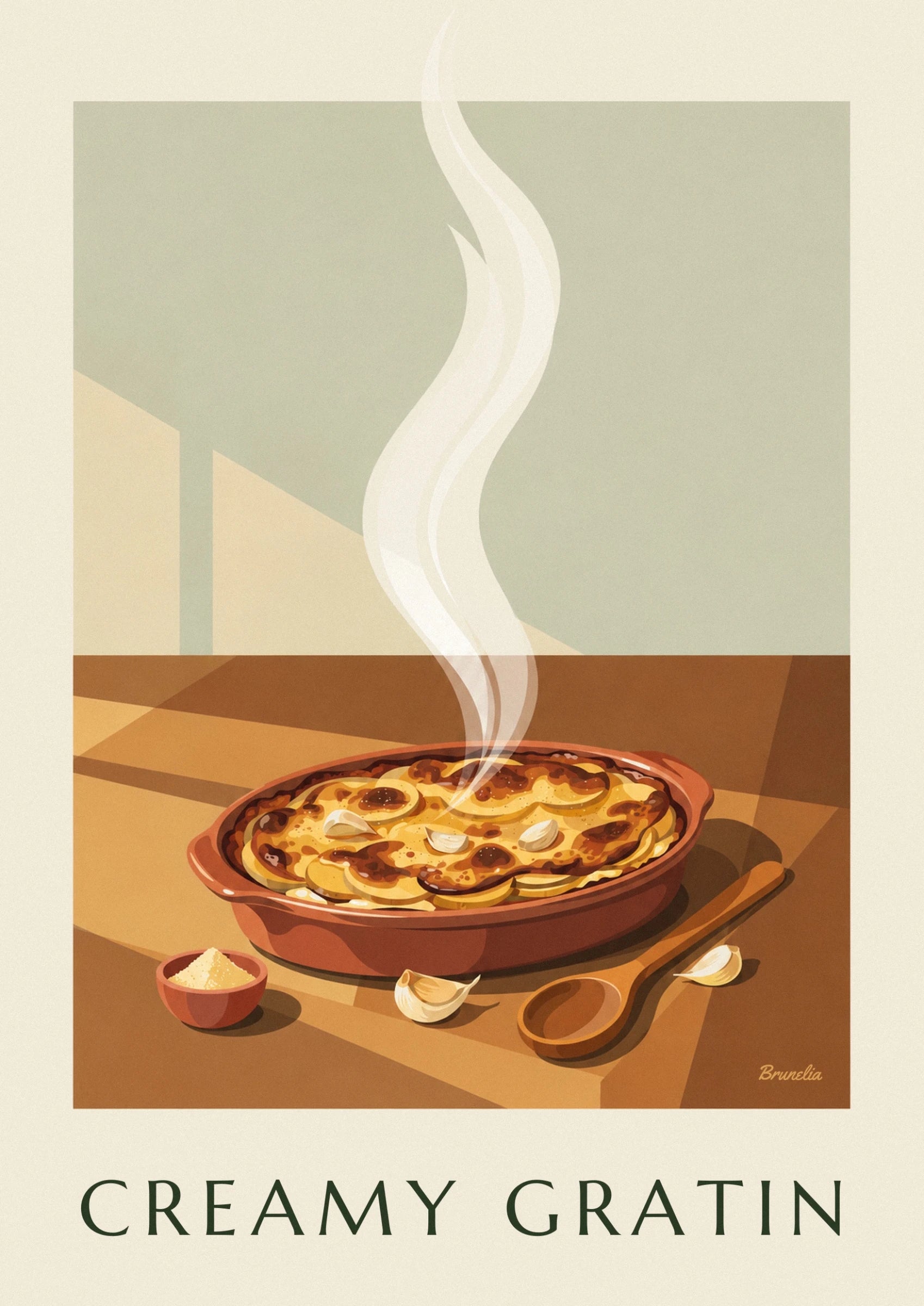 Golden gratin dauphinois in a terracotta dish poster: close-up detail