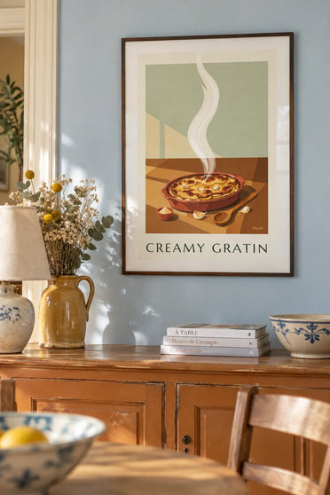 Poster of a golden gratin dauphinois in its terracotta dish: framed on the wall