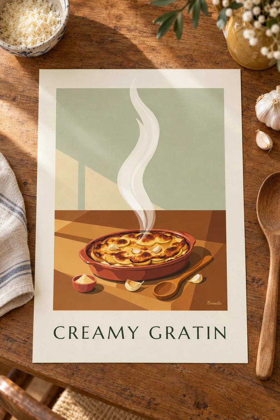 Poster of a golden gratin dauphinois in its terracotta dish: set on a table