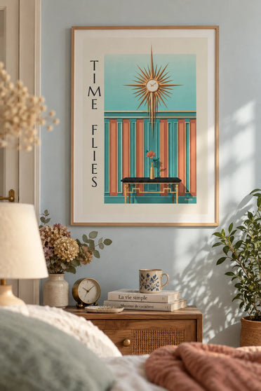 Affiche horloge murale géométrique à rayons de soleil : encadrée au mur